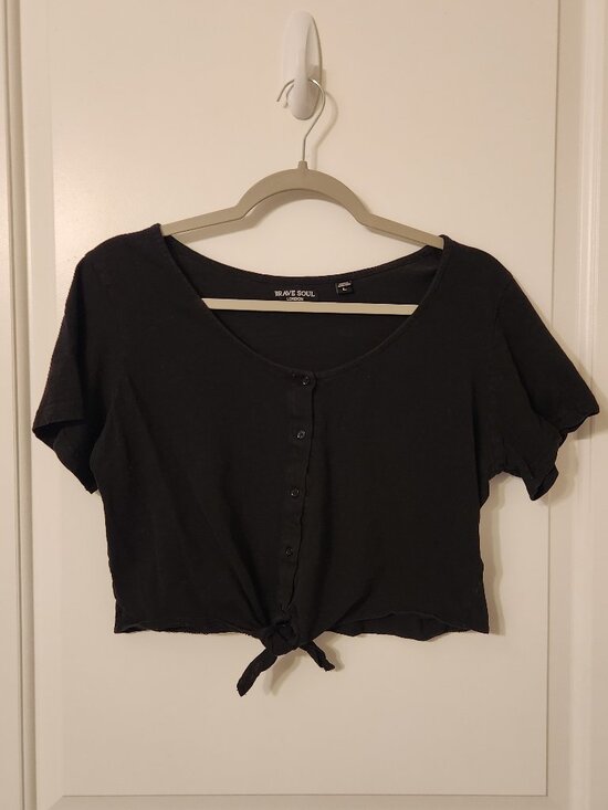 Brave Soul Tops - Black Short Sleeve Button Down Tie Crop Top